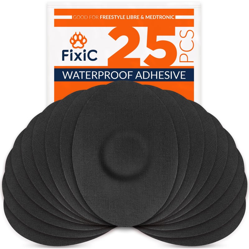 FixiC Freestyle Adhesive Patches 25 PCS â€“ Good for Libre 1, 2, 3 & Plus â€“ G7 & Stelo â€“ Guardian â€“ Waterproof Adhesive Patches â€“ Libre Adhesive Covers â€“ Pre-Cut â€“ Best Fixation for your Sensor! (Black) - Image 1
